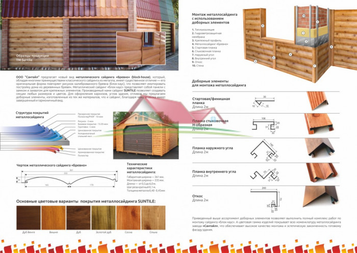 Металевий сайдинг Блок-Хаус, ЄвроБрус (дуб венге, вишня, дуб, золотий дуб, сосна, вільха)